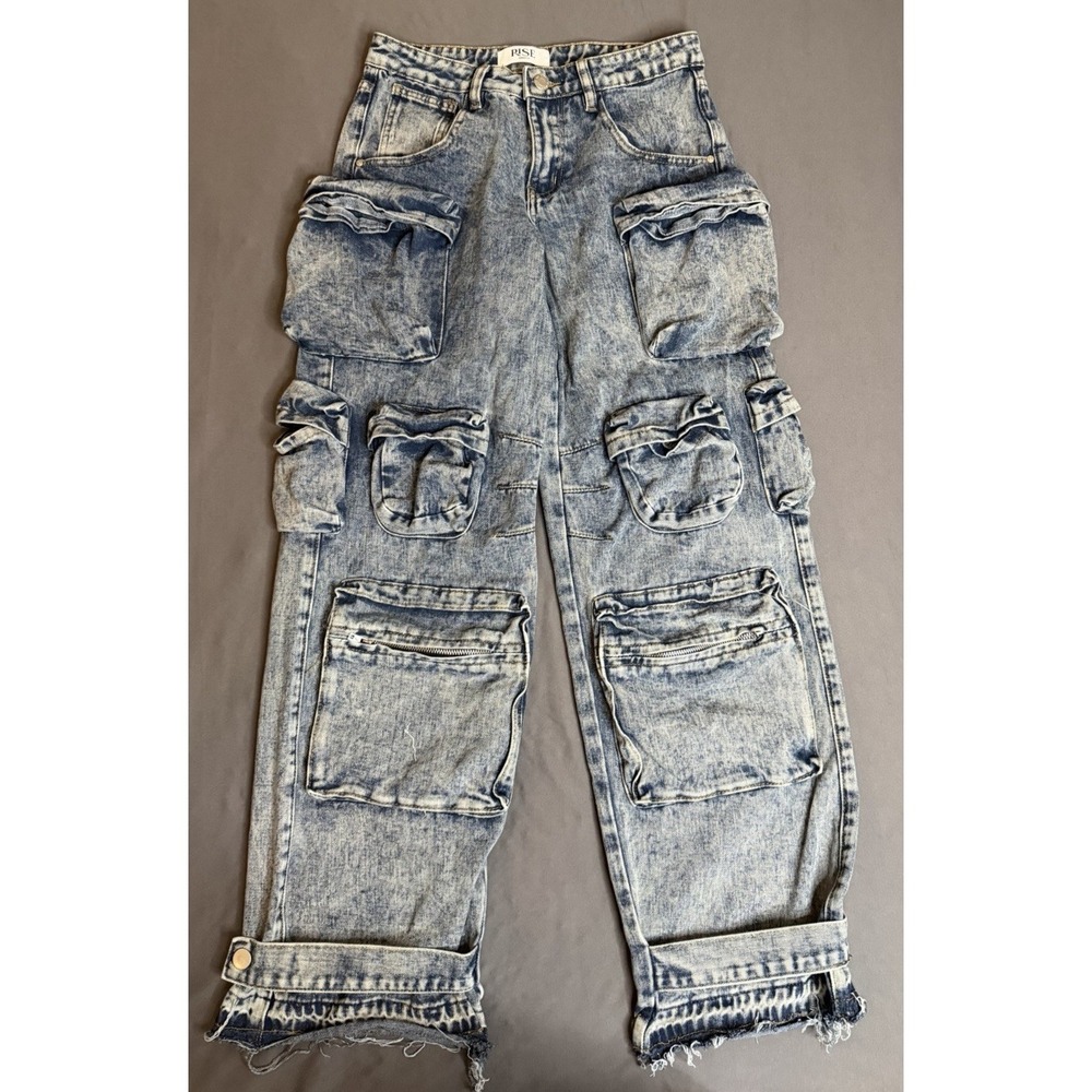 Rise Supply Co Cargo Jeans Womens 3 Blue Acid Wash Baggy Y2K Multi Pocket Street